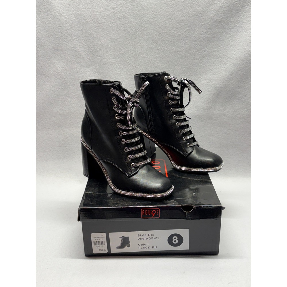 Rouge Helium Vintage-02 Black Rhinestone Lace Up Block Heel Ankle Boots Size 8